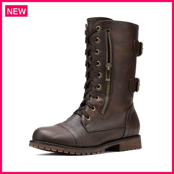 Shoes - Women's Mid Calf Combat Boots with Wallet Pocket and Side Zipper